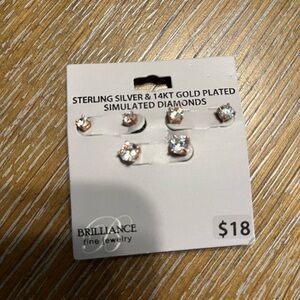 Brilliance 14k Gold Plated Sterling Silver Simulated Diamond Trio Earring Set